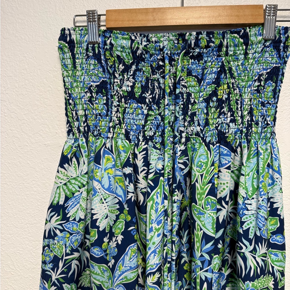 Gretchen Scott One Size Blue Green Tropical Smocked Strapless Midi Dress Tassel - Picture 3 of 9